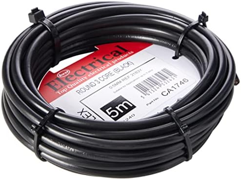Merriway BH01494 3-Core Round Black Flexible Cable 2183Y 0.5 mm - 5 Metre Cut Length
