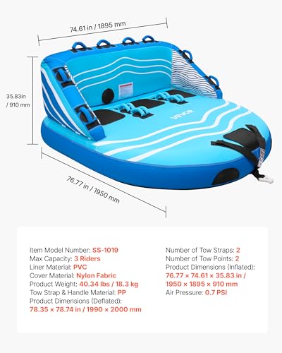 VEVOR Towable Tube für Boote, Wassersport-Schleppreifen für 3 Personen, bis 231 kg Tragfähigkeit, mit 2 Zugpunkten, Nylonhülle, Gepolsterten Griffen und Sicherheitsventil, für Seen, Flüsse, Blau
