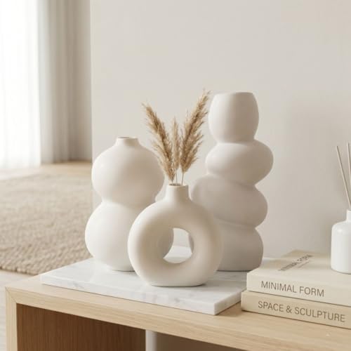Image of Modern Ceramic Vase Set of 3 | Nordic Minimalist Donut & Abstract Bubble Design Flower Vases | Matte White Home Decor for Living Room, Table, Shelf, Office | Pampas & Dried Flower Vase