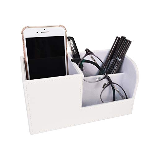 TECKE Home Office PU Leather Desk Organizer Multifunctional 3 Compartment Desktop Storage Box for Business Card, Pen, Pencil, Mobile Phone, Remote Control(White)