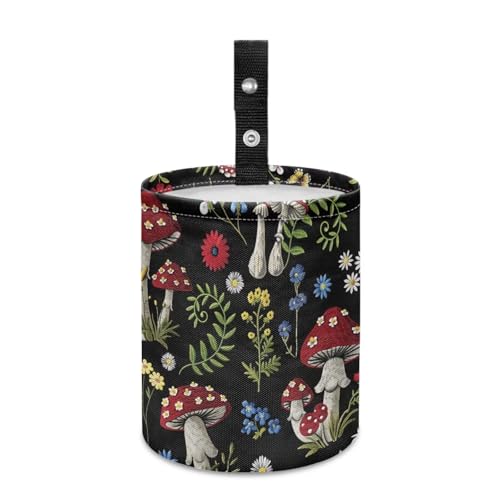 Image of Floral Mushroom Car Trash Bag Waste Basket with Adjustable Buttons Collapsible Car Storage Bag Multipurpose Road Trip Essentials for Outdoor Activities