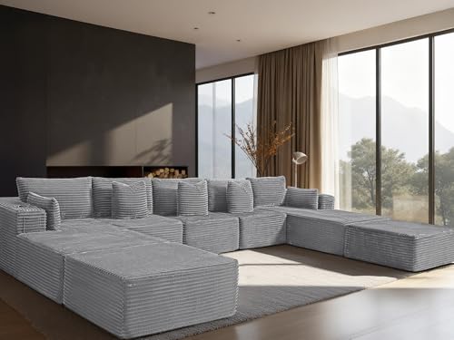 Image of 168 inch Cloud Sectional Couch, Comfort U Shaped Sofa for Living Room, Extra Deep Seats No Assembly, Minimalist Modular Couch, Corduroy (Light Grey, 9 Seats,U-Shape B)