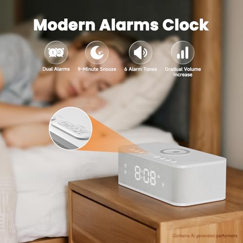 Image of Digital Alarm Clock White Noise, Loud Digital Alarm Clocks Bedrooms, Alarm Clock Speaker Wireless Charger AUX USB Bluetooth Speaker 12 /24H Dual Alarm Snooze Adjustable Brightness, White
