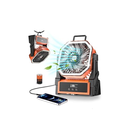 Kssvzz 30000mAh Ventilador de Camping, 4 Velocidades Ventilador USB con Luz LED, 270 ° de Rotación Ventilador Recargable, Portatil Ventiladores a Pilas para Viajar, Picnic, Pesca, Senderismo