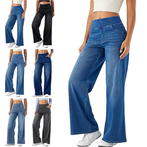 Pantalones de mezclilla elásticos de cintura alta con pierna ancha, elegantes pantalones deportivos que parecen jeans, perfectos para comodidad y moda, Azul oscuro, M