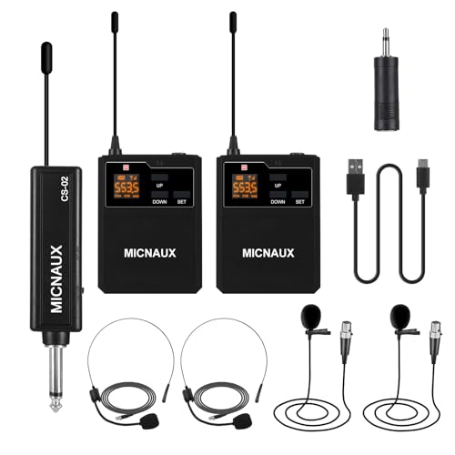 MICNAUX Wireless Lapel Microphone System with Headset & Lavalier Mics, Dual Bodypack Transmitters, Mini Rechargeable Receiver, 48 Channels in 500MHz UHF Band, 260ft Range for Wedding Speech Church