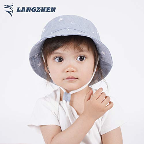 Image of LANGZHEN Sun Protection Hat for Kids Toddler Boys Girls Wide Brim Summer Play Hat Cotton Baby Bucket Hat with Chin Strap