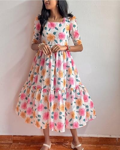 Image of Women's Printed Hakoba Maxi Dress -Cotton Lace Embroidered Sleeveless Boho Beach Dress with Flared Hem, Breathable & Elegant for Casual