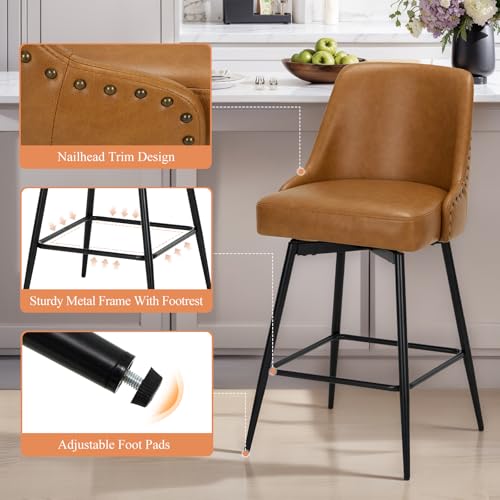 Image of MALOL Bar Stools Set of 4, 26 inch Swivel Counter Height Chairs with Back,Thick Padded Seat & Footrest,Modern Faux Leather Barstool for Kitchen Island,Dining Room,Pub,Brown