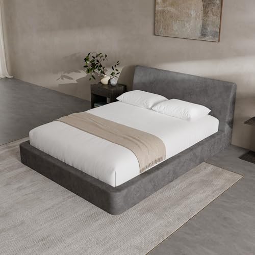 Image of RECCI AirFrame Queen Bed Frame with Ergonomic Angled Foam Cushioned Headboard, Minimalist Design Platform Bed Frame, No Box Spring Needed, Easy Assembly (Moon Grey)