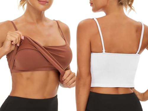 Image of Chilylori Seamless Sports Bra Cropped Tank Top with Adjustable Strap 2 Pack | Workout Tops Ribbed Sports Bra for Women Wireless Longline Crop Tank Padded Comfortable Brami
