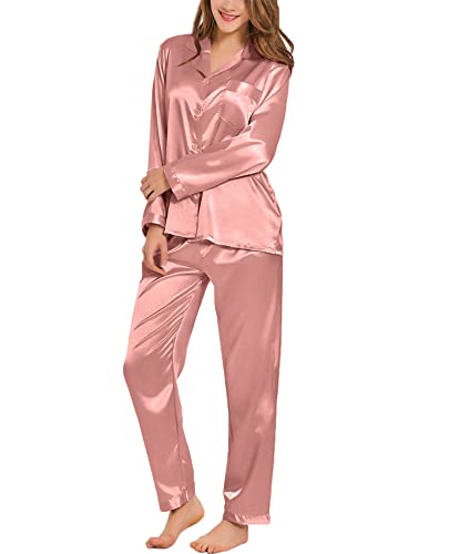 Image of SWOMOG Long Sleeve Pajamas Set Silk Satin Sleepwear Button Down Pjs Loungewear with Pocket