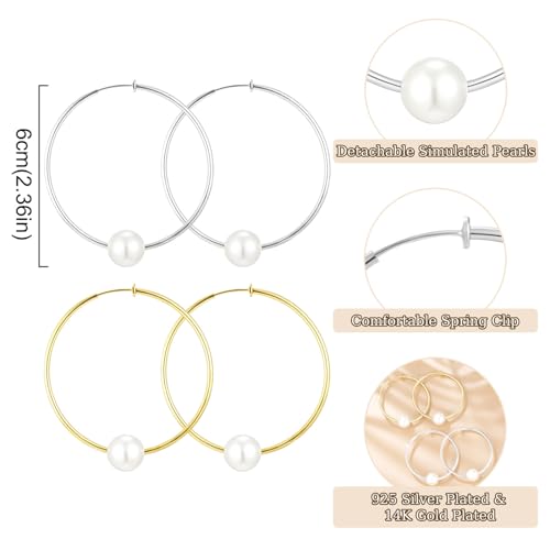 Aretes de aro clip con perla simulada 6 cm mujer miniatura 2