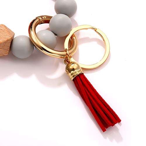 Boderier Silicone Bracelet Keychain Key Ring Elastic Silicone Bead Wristlet Keychain Bracelet Bangle Portable House Car Keys Ring Holder With Tassel (Red) #TOP5