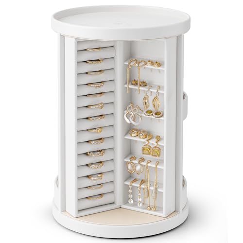 VLANDO 360Rotating Jewelry Box Earring Organizer Large Vertical Jewelry Organizer with 6 Necklace Hooks Open Ring Display Storage for Women -White