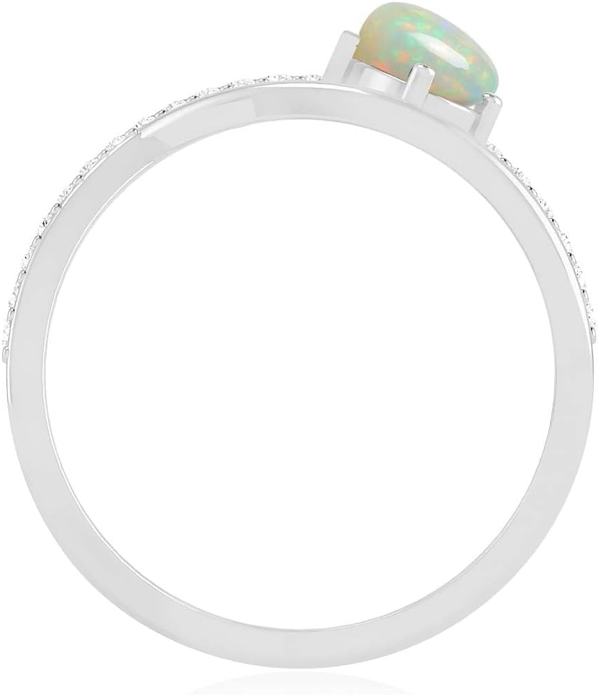 Opal Ring for Women in 14K Gold or 925 Sterling Silver – Natural Opal with Diamond Accents – Crisscross Band Ring – October Birthstone Gift Jewelry