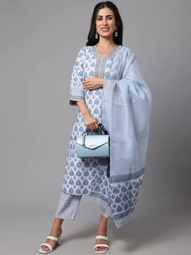 Tee Projekt Women's Cotton Blend Kurta Set With Dupatta | Kurta Set For Women | Festive Kurta Set For Women | Regular Fit Kurta Blue