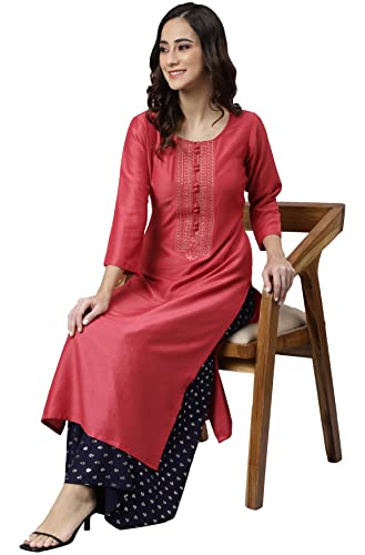 Image of Janasya Women's Pink Poly Silk Embroidered Straight Kurta