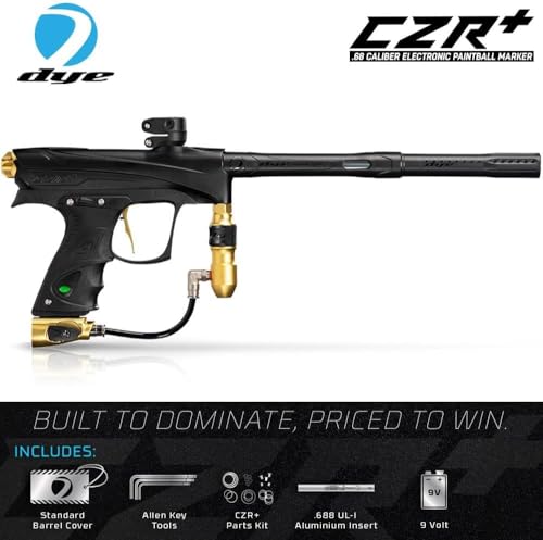 Maddog DYE CZR+ Full Auto Electronic Paintball Gun Marker Elite Starter Package | Thermal Anti-Fog Paintball Mask, HPA Tank, Empire Halo Too Loader, Neck Protector, Pro Paintball Harness & Pods - Gold