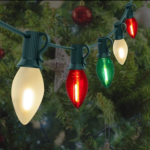 Image of C7 LED Red White and Green Christmas Lights, 25Ft Outdoor Chritsmas String Lights Shatterproof with 27 LED Clear Multicolor Bulbs, Connectable Vintage Christmas Lights for Patio Garden Backyard Decor