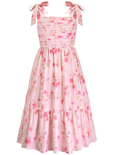 Dolxico Girls Floral Dress Summer Ruched Flowy Chiffon Tiered Dresses with Pockets Kids Hawaiian Beach Vacation Party Wedding Birthday Sleeveless A-Line Maxi Sundress for 8-10 Years(Pink Floral)