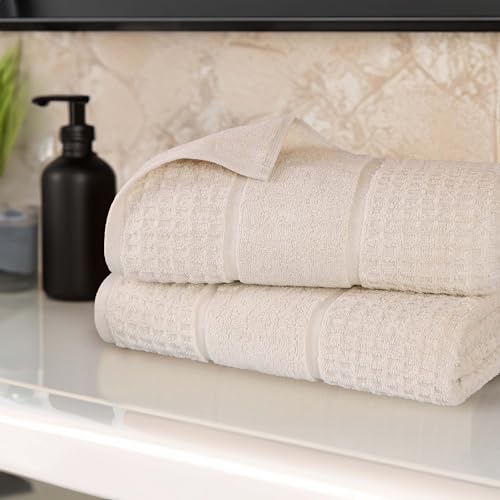 SUPERIOR Cotton Bath Sheet Set, Zero Twist, Waffle Border, Oversized Large Absorbent Body Towels, Luxury Soft Quick Drying, Shower, Spa, Hotel, Pool, Guest Bathroom, Home Essentials, Set of 2, Ivory