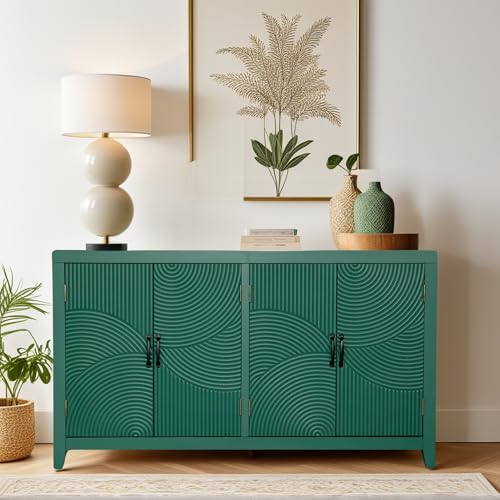 Image of Green Solid Wood Sideboard Buffet Cabinet with Storage - Modern Wave Design with Removable Shelves, for Kitchen, Living Room & Hallway (Green Finish)