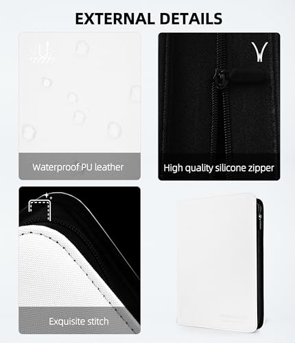 Image of Premium 9 Pocket Card Binder, Holds 360 Cards for MTG TCG Sports Game Cards(White,9 Pocket) | Side-loading card binder with zipper and no-ring design. Holds 360 cards in clear pockets.