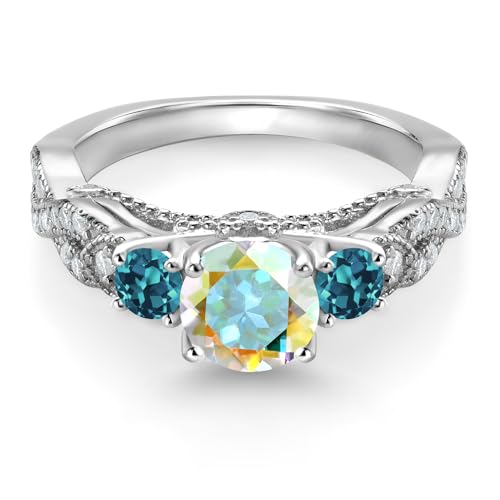 Gem Stone King 925 Sterling Silver Mercury Mist Mystic Topaz London Blue Topaz and White Moissanite Engagement Ring For Women (1.53 Cttw, Gemstone, Round 6MM and 3MM)2