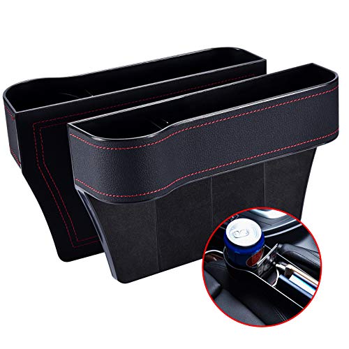 Car Seat Gap Filler Organizer 2 Packs PU Leather Front Seat Organizer with Cup Holder, Storage Box, Console Side Pocket for Cellphone, Wallet, Coins, Keys, Cups, Cards, Sunglass (Black)