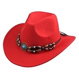 Generisch Authentischer Western Cowboyhut Wolle mit mittlerer Krempe im ethnischen Design für Freizeit Outdoor Aktivitäten (Red, One Size)