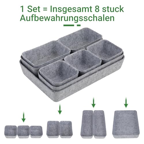 Kievano Schubladen Organizer Filz 8 Stück – Schubladeneinsatz für Büro, Bad, Küche & Nachttisch | Stapelbare Filzboxen für Schreibtisch & Schrank | Drawer Organizer in Hellgrau