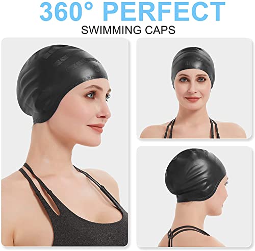 Aouloves Swim Caps For Long Hair, 2 Pack Unisex Swim Caps With 3D Ear Protection, Durable Silicone Swimming Caps For Women Men Adults Youths Kids, Easy To Put On And Off, 4 Colors #TOP5