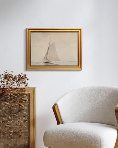 Image of HUARCEY Gold Framed Vintage Wall Art for Living Room, Seaview Painting Prints Shelf Decor for Kitchen, Aesthetic Bedroom Wall Art, Christmas Gifts for Friends or Family (White Sailboat - 12 inchx16 inch)