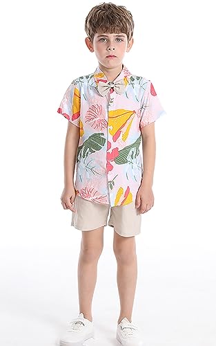Image of Toddler Baby Boy Summer Clothes Set Floral Shirt Bow-tie Shorts Hawaiian Outfit