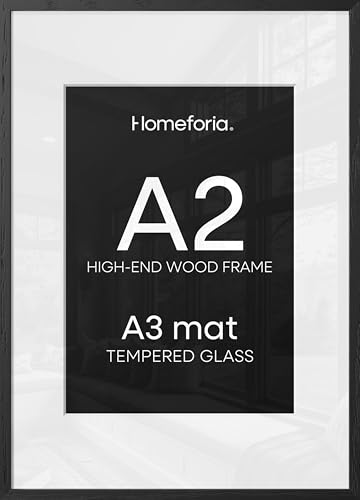 Image of Homeforia A2 Black Oak Picture Frame, High-End Wood, A3 Mat, Glass | High End Solid Oak Wood, Tempered Glass, Acid-Free A3 Removable Mat, A2 Edge-to-Edge Display, Wall Kit, Set Of 1