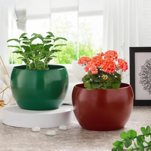 Image of Sunshine Elegant Matte Finished Tabletop Red & Green Combo Flower Pot Planter | Metal Plant Pot for Indoor Succulent Plants, Living Room, Home Decor, Office, Restaurant (Set of 2)