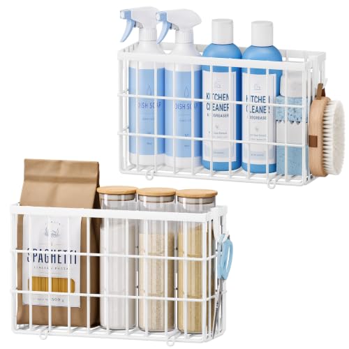 2 Pack Cupboard Door Storage Baskets, Self-Adhesive with 8 Hooks, White