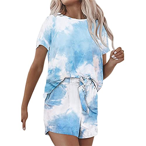PRJN Fato de mulher de manga curta com decote redondo e estampado tingido de nó de verão curto para mulher com nó de manga comprida top de manga comprida fato de roupa casual roupa desportiva - Túnica, polo, t-shirt azul e amarelo: