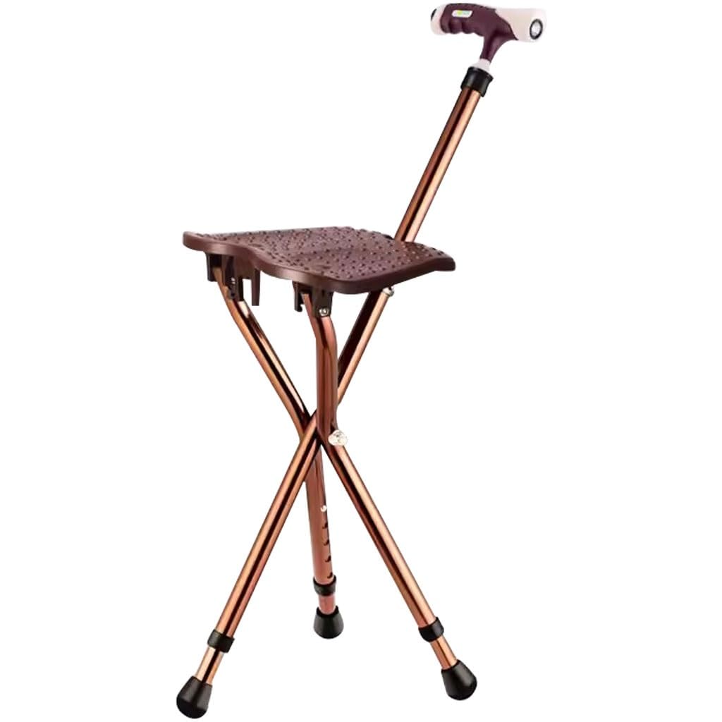 Bastón Bastón Extensible Silla con Muleta De Altura Ajustable, Taburete De Caña con Asiento En Forma De Mariposa, Andador Ligero Portátil, con Luz LED(Brown Color)