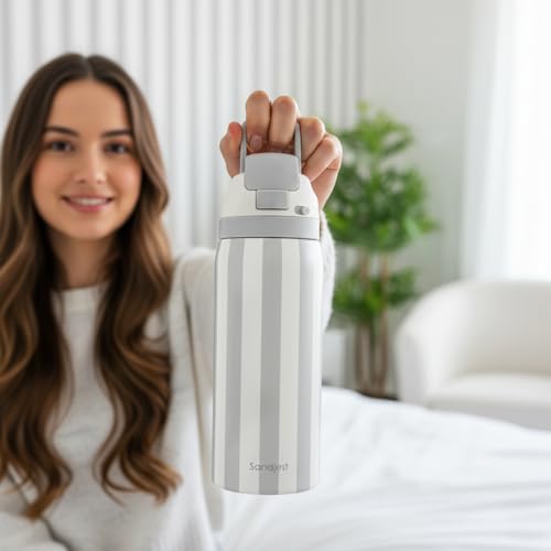Image of Stripe Insulated Stainless Steel Water Bottle with Straw for Sports and Travel, 32oz, Gifts for Women Girls Friends Teens Birthday Christmas (Grey)