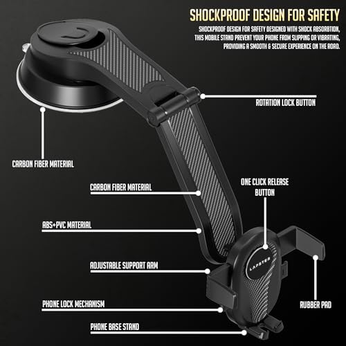 Image of Lapster Autogrip C2 Car Phone Holder for Dashboard & Windshield, 360 Rotating Mobile Stand with Strong Suction, One-Touch Use, Shockproof & Anti-Slip for All Smartphones (Black)