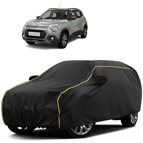 Image of Sulfar 100% Water Resistant Car Body Cover Compatible with Mirror for CITROEN C3 (Triple Stitched, Full Bottom Elastic, Black Tafetta with Yellow Piping)