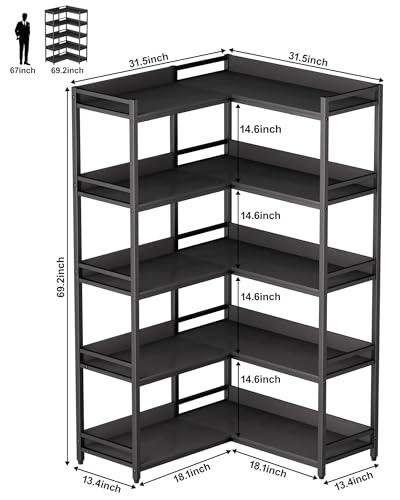 Image of Large 5-Tier Corner Bookshelf - Modern Tall Corner Shelf Storage Display Rack with Sturdy Metal Frame - Perfect for Living Room, Home Office, Books and Decor Display