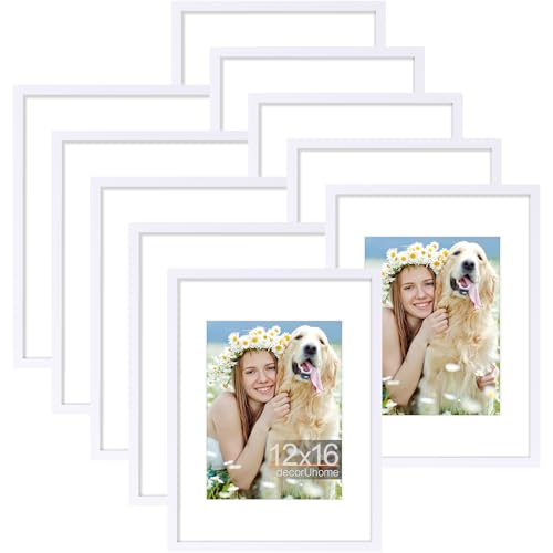 decorUhome 12x16 Picture Frame Set of 10, Display Photos 8.5x11 with Mat or 12x16 Unmatted for Picture Frames Collage Wall Decor, White