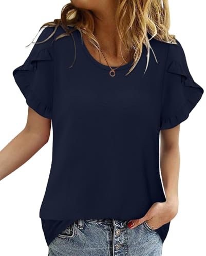 CRAZY GRID Women's Shirts Summer Casual Crewneck Ruffle Short Sleeve Blouses Cute Floral Print Tunic Tops