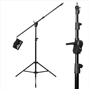 2-in-1 Heavy Duty Light Stand with Boom Arm (Attached) & Two Pocket Sandbag, 12.7 ft Aluminum Alloy for Studio Video, Strobe, LED Light, Monolight, Reflector, Umbrella for Photo Video Shooting