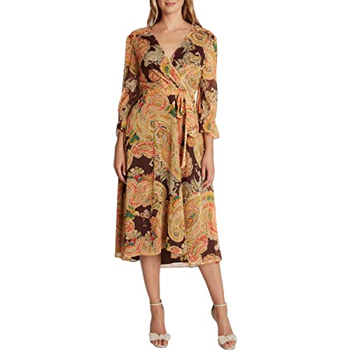 Tahari Asl Women's Long Sleeve V-Neck Print Surplus Dress With High Low Hem, Cinnamon Paisley, 8 #TOP18