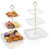 Tebery 2 Pack 3-Tier White Ceramic Embossed Dessert Cake Tower Stand with Gold Carry Handle, Cupcake Stand Serving Trays, Porcelain Party Food Server Display Holder
