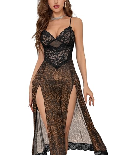 Image of Foxiny Sexy Split Mesh Lace Floral Sheer Babydoll Lingerie Outfit Dress 2 Piece with Thong Set